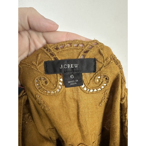 J. Crew Mustard Yellow Linen Drawstring Embroidered Midi Boho Hippie Dress Sz 6 - Picture 3 of 7